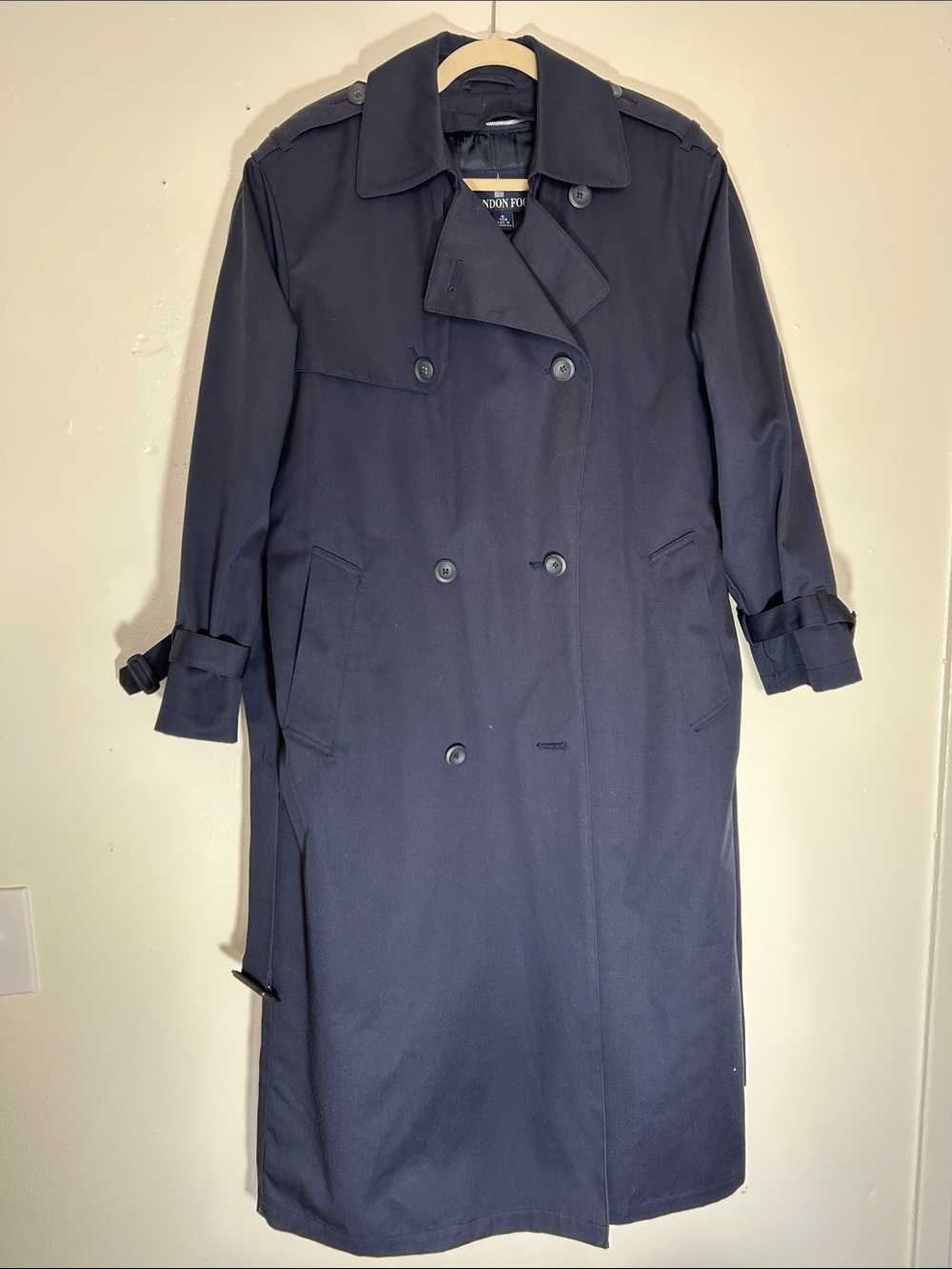 London Fog Navy Blue Trench Coat with Gold Tone Labeling
